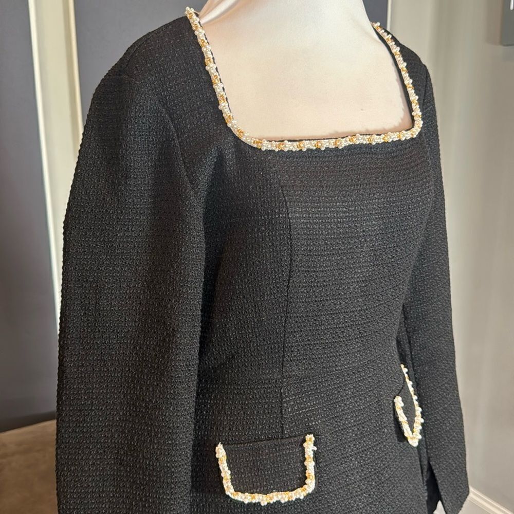 Women’s Short Black Dress Square Neck Faux Pearl-Like Trim **Tag L fits like M - Picture 2 of 16
